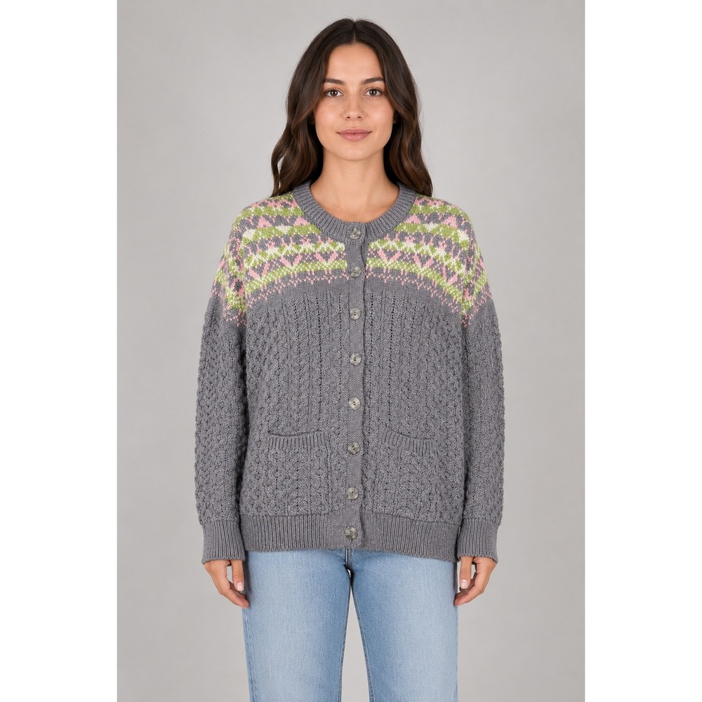 Aran Crafts Cardigan Sweater Womens XL Gray 100% Merino Wool Fair Isle Fisherman